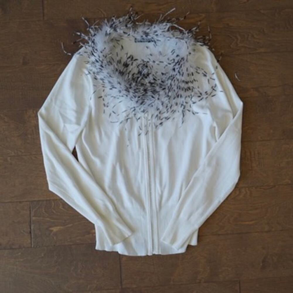AD Original Long Sleeve Full Zip Fur Collar Sweater White Womens Size Medium